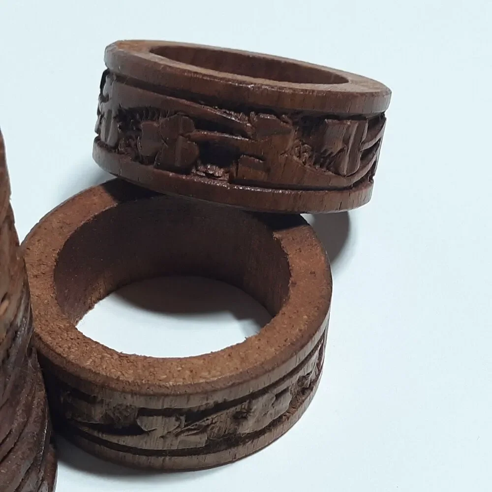 6pc Beautiful Boho Hand Carved Wooden Napkin Rings Holders Flowers Leaves